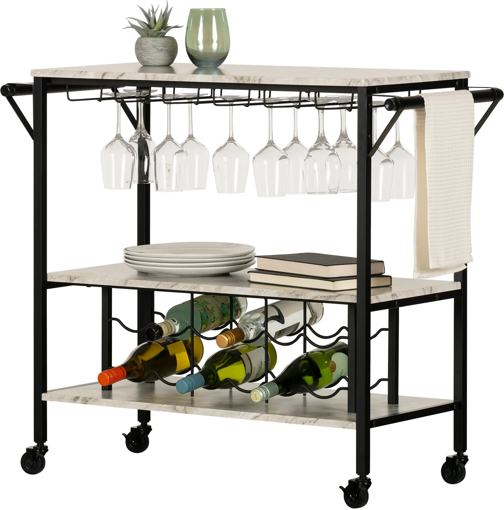 12805 Maliza White Faux Marble and Black Bar Cart-4