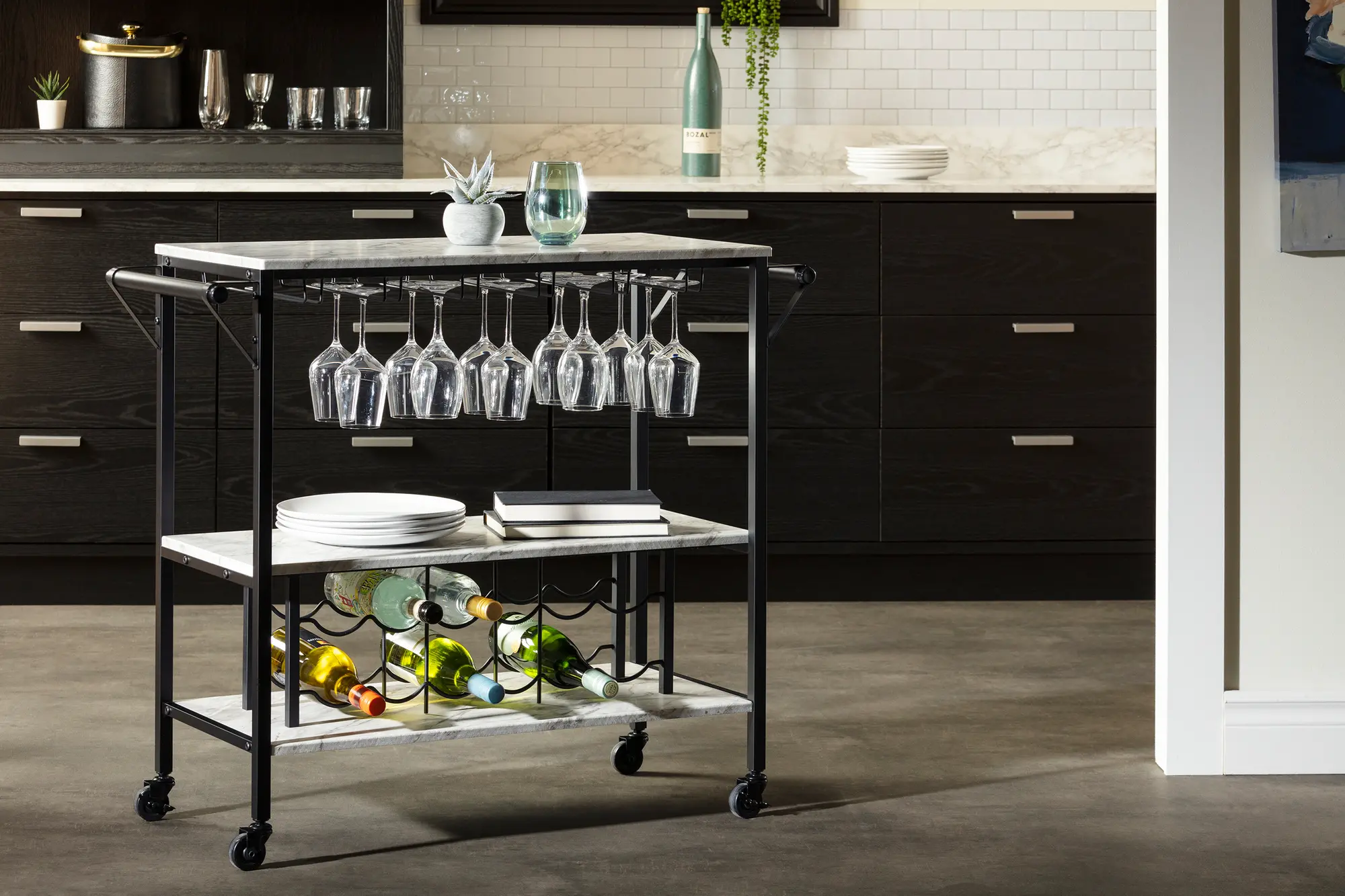 12805 Maliza White Faux Marble and Black Bar Cart-8
