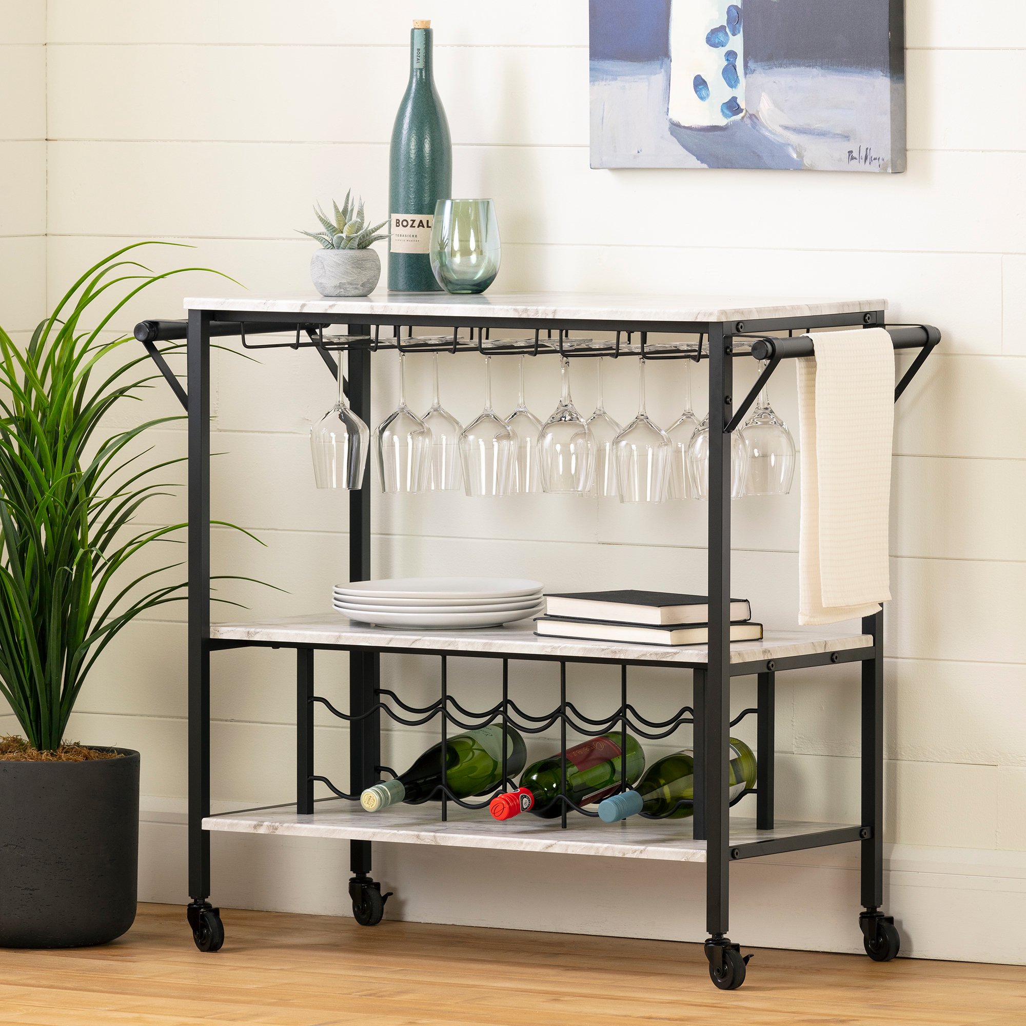 12805 White Faux Marble and Black Bar Cart - Maliza-1