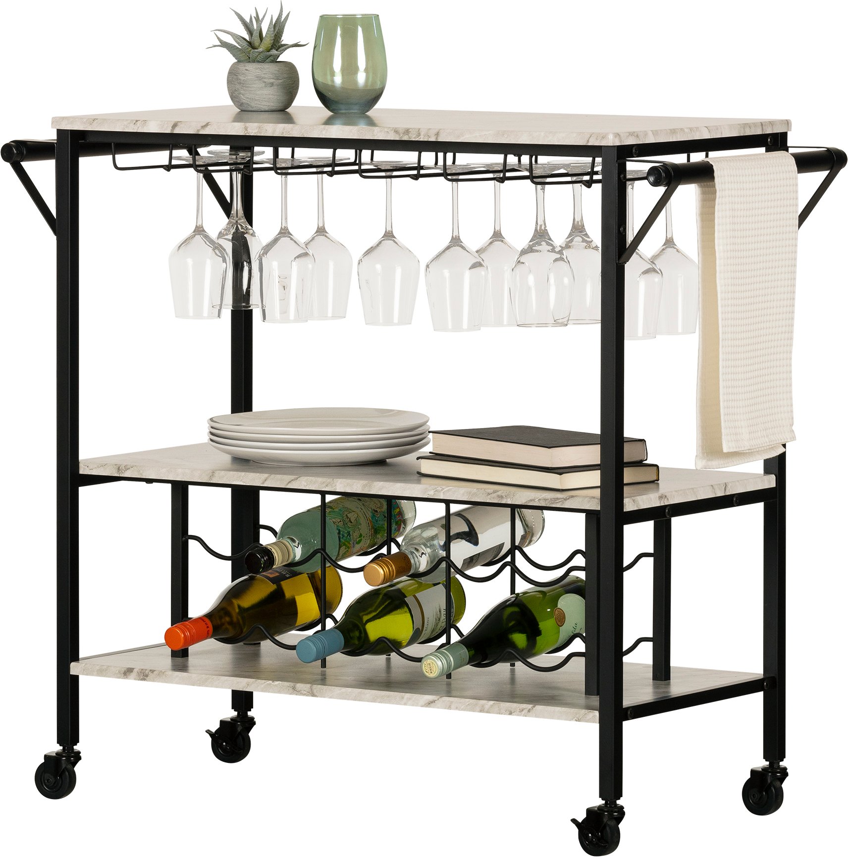 12805 White Faux Marble and Black Bar Cart - Maliza-4