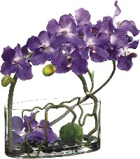 Faux Purple Vanda Orchid with Twig and Moss Ball in Glass Vase