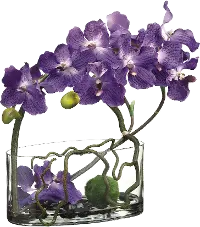 Faux Purple Vanda Orchid with Twig and Moss Ball in Glass Vase