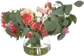 Faux Cerise Pink Peony and Rosemary Arrangement in Glass Vase