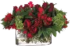 Red and Green Rose and Dahlia Faux Arrangement in Glass Vase