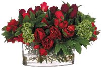Red and Green Rose and Dahlia Faux Arrangement in Glass Vase
