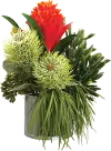 Red and Green Bromeliad, Succulent and Grass in Glass Vase
