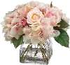 Fuchsia Pink Hydrangea and Rose Arrangement in Glass Vase