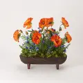 Faux Orange Poppies and Blue Wildflower Arrangement in Planter