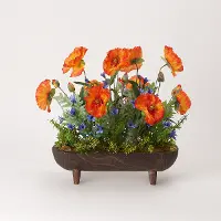 Faux Orange Poppies and Blue Wildflower Arrangement in Planter