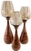 36 Inch Natural Brown Wood Candle Holder with Smoke Glass Globe - Satara