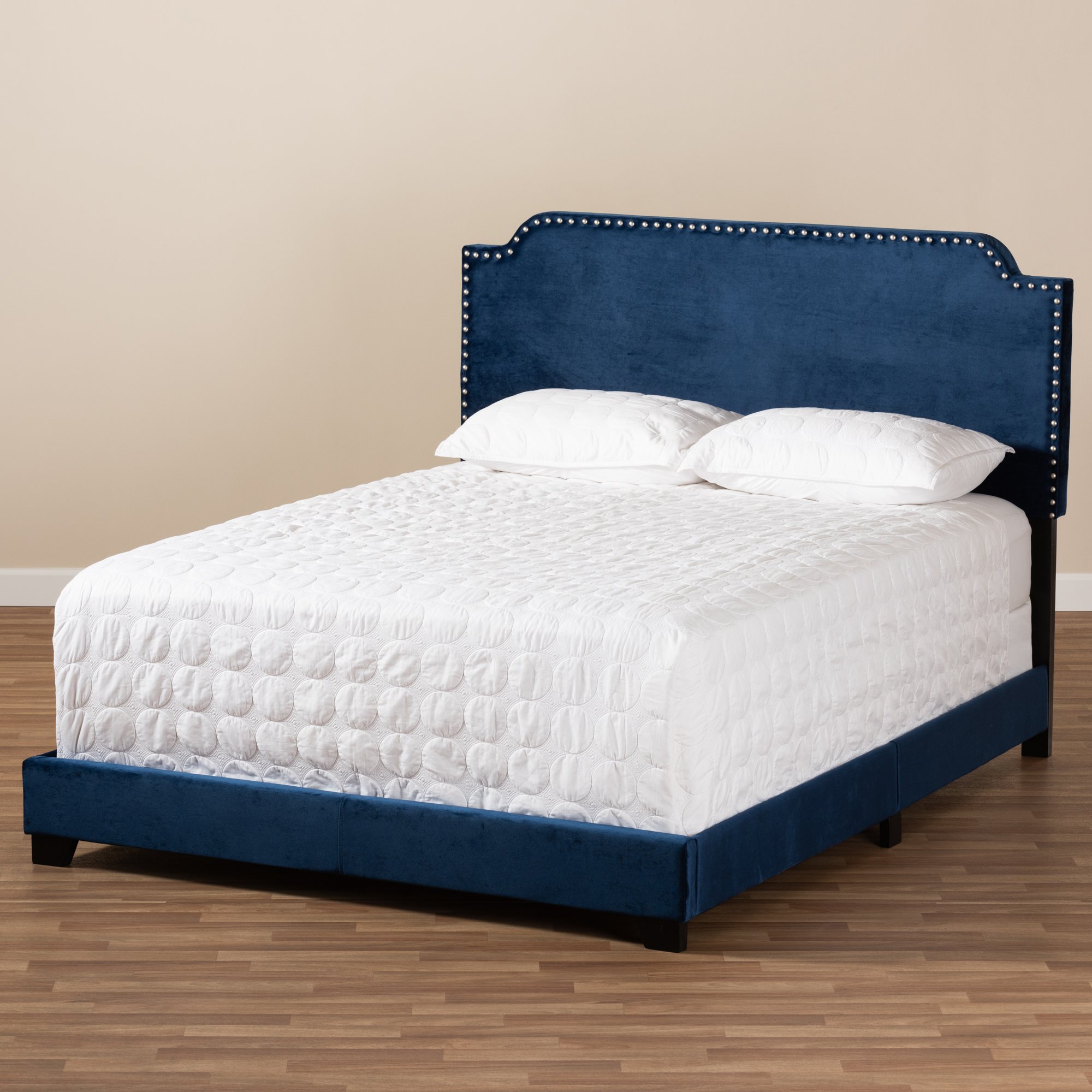 Glam Navy Blue Velvet Upholstered Queen Bed - Eleanora-2