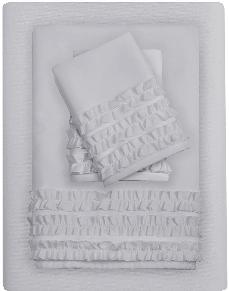 White Twin Flirty Ruffle 4 Piece Sheet Set-2