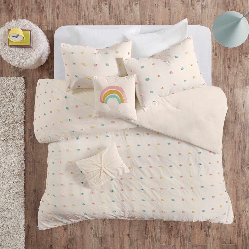 White and Multi Color Pom-Pom Twin Callie 4 Piece Bedding Collection-5
