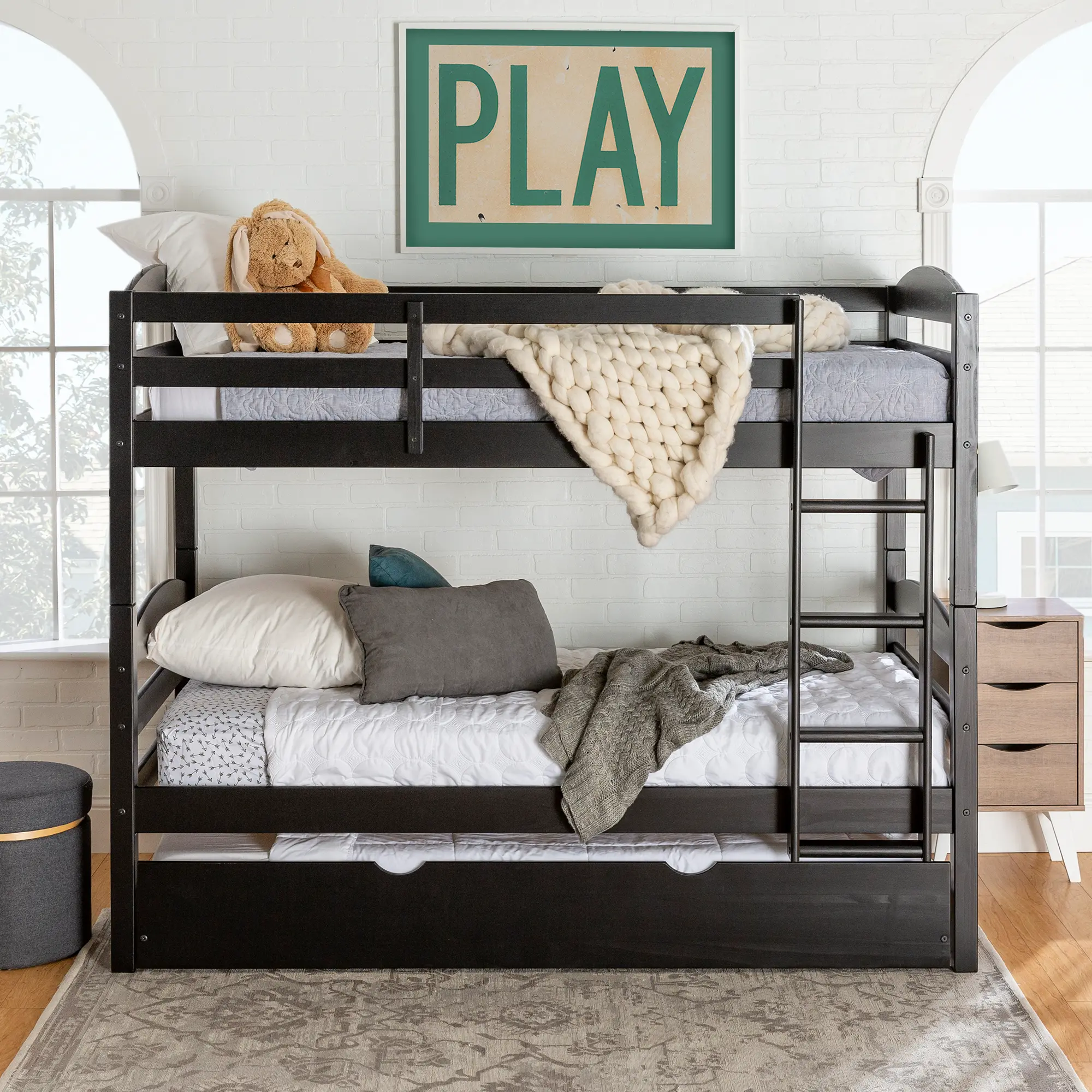 BWSTOTBL-TR Black Twin-Over-Twin Bunk Bed with Trundle - Sunflower-1