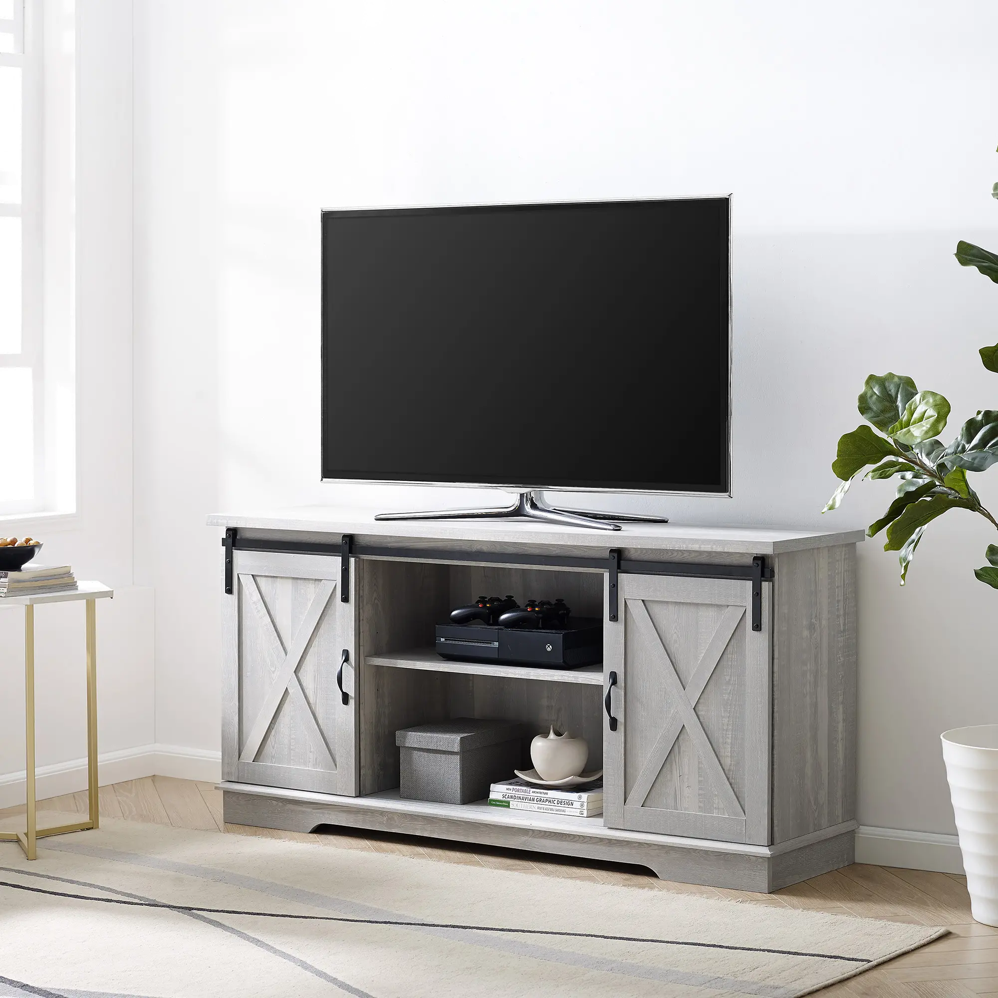 W58SBDST Gray Country 58 Inch TV Stand - Barn Door-1
