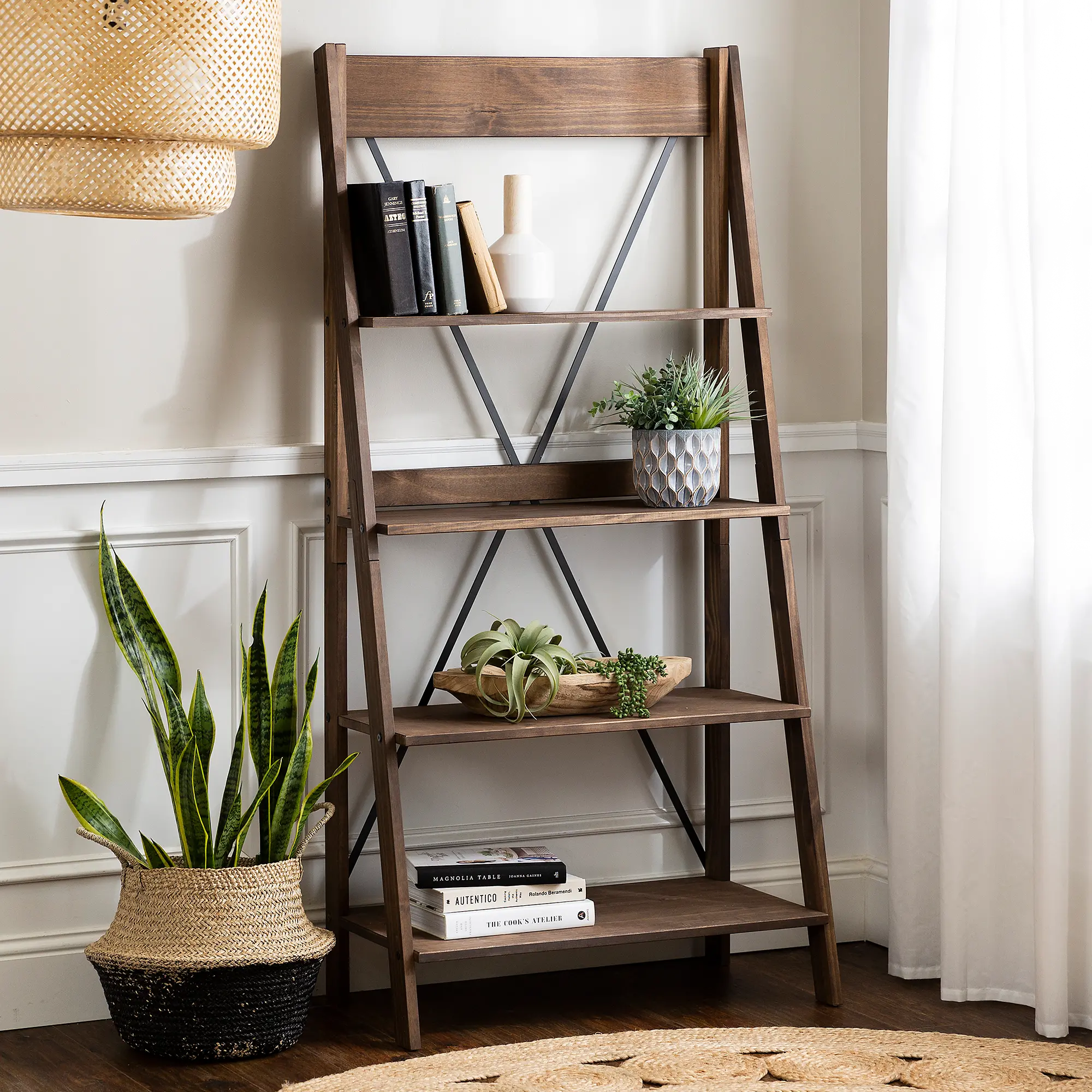 BS68FRSWBR 68 Solid Wood Ladder Bookshelf - Brown-1