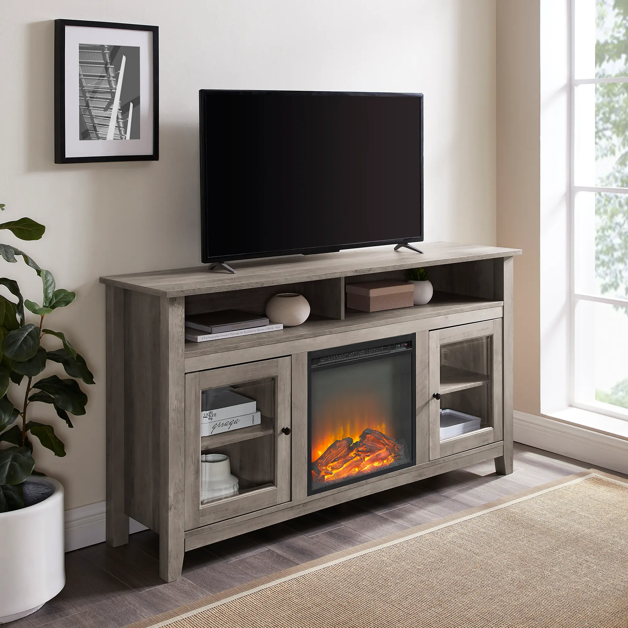 W58FP18HBGW Transitional Fireplace Glass Wood 58 Inch TV Stand - Grey Wash-1