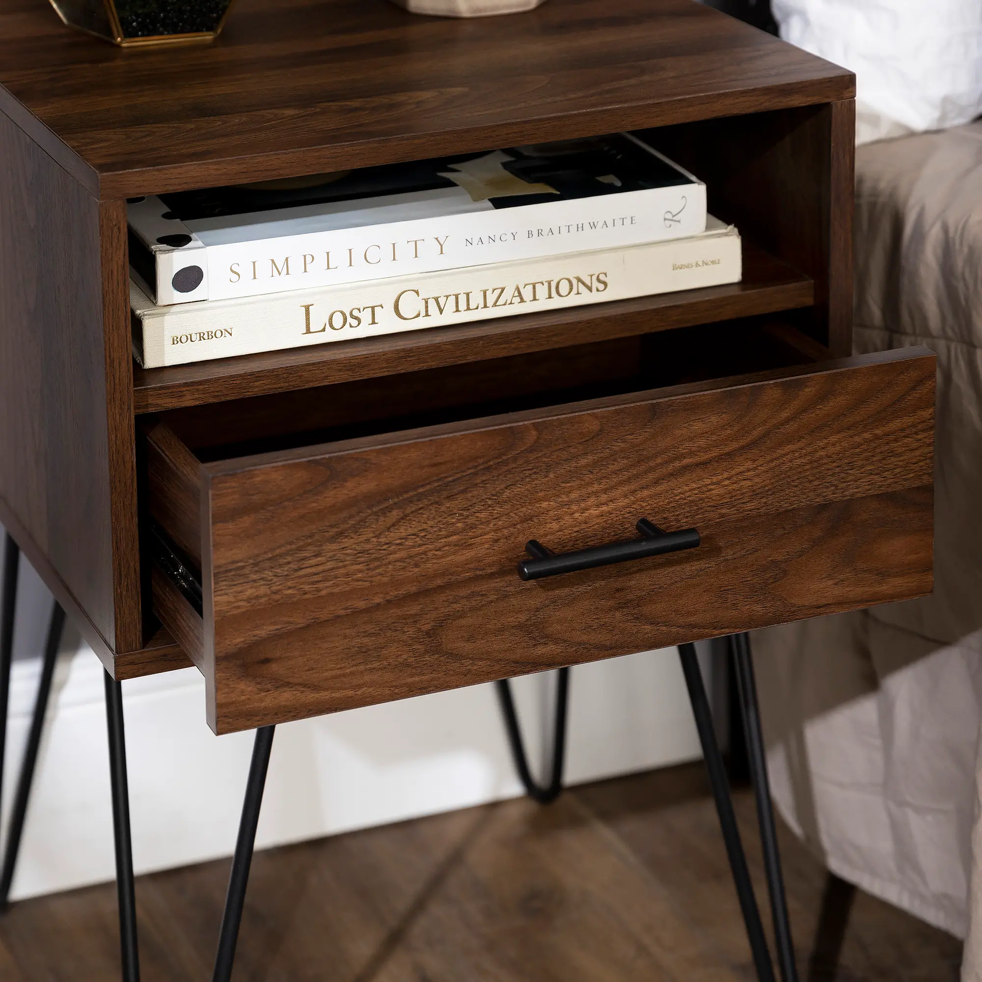 AF18CRFSTDW Dark Walnut Modern Single Drawer Hairpin Leg Side Table-2