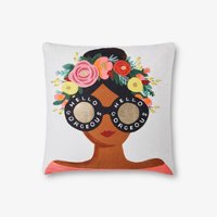 White and Multi Color Throw Pillow with Girl in Glasses
