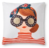 White and Multi-Color Throw Pillow with Redhead and Glasses