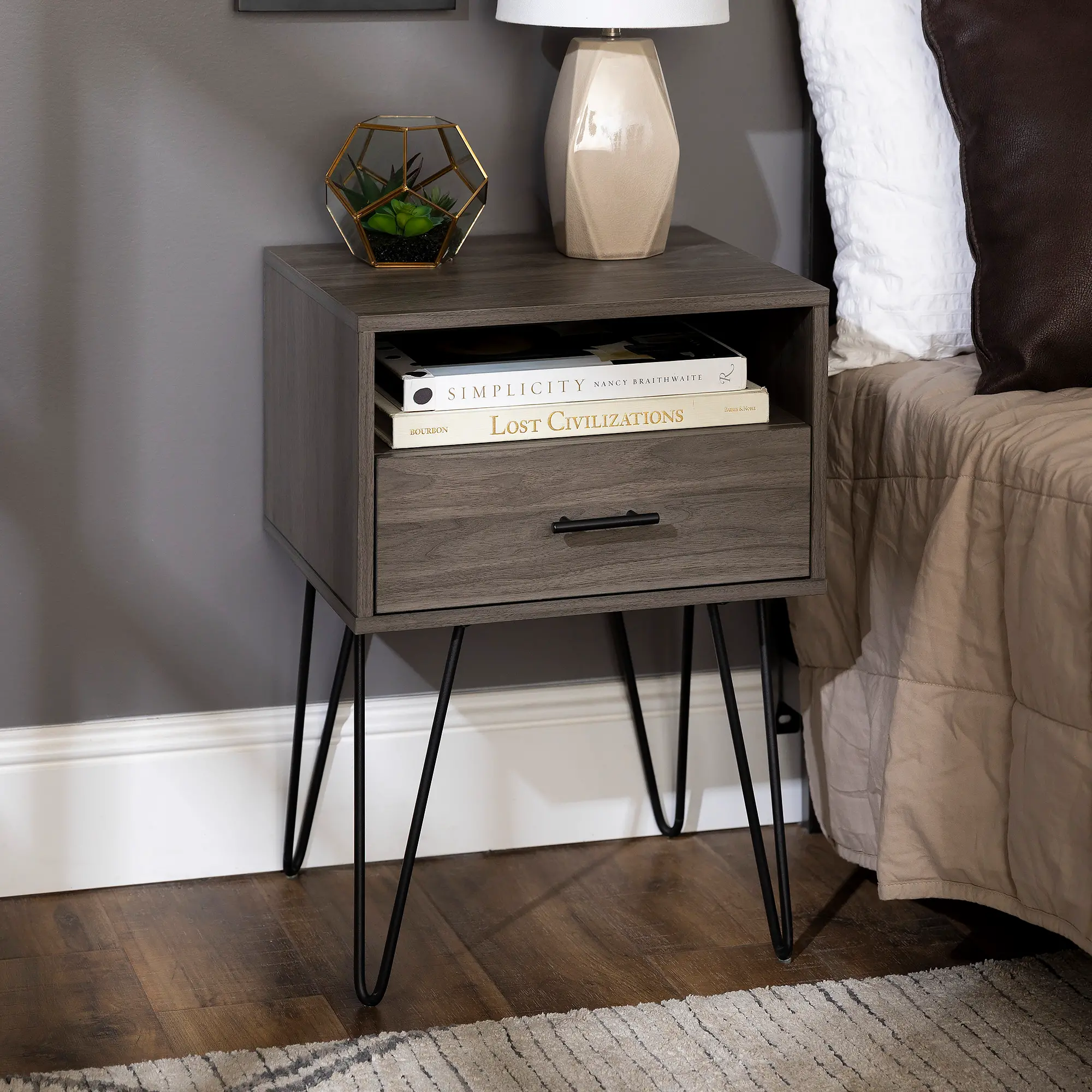 AF18CRFSTSG Modern Gray Single Drawer Hairpin Leg Nightstand-1