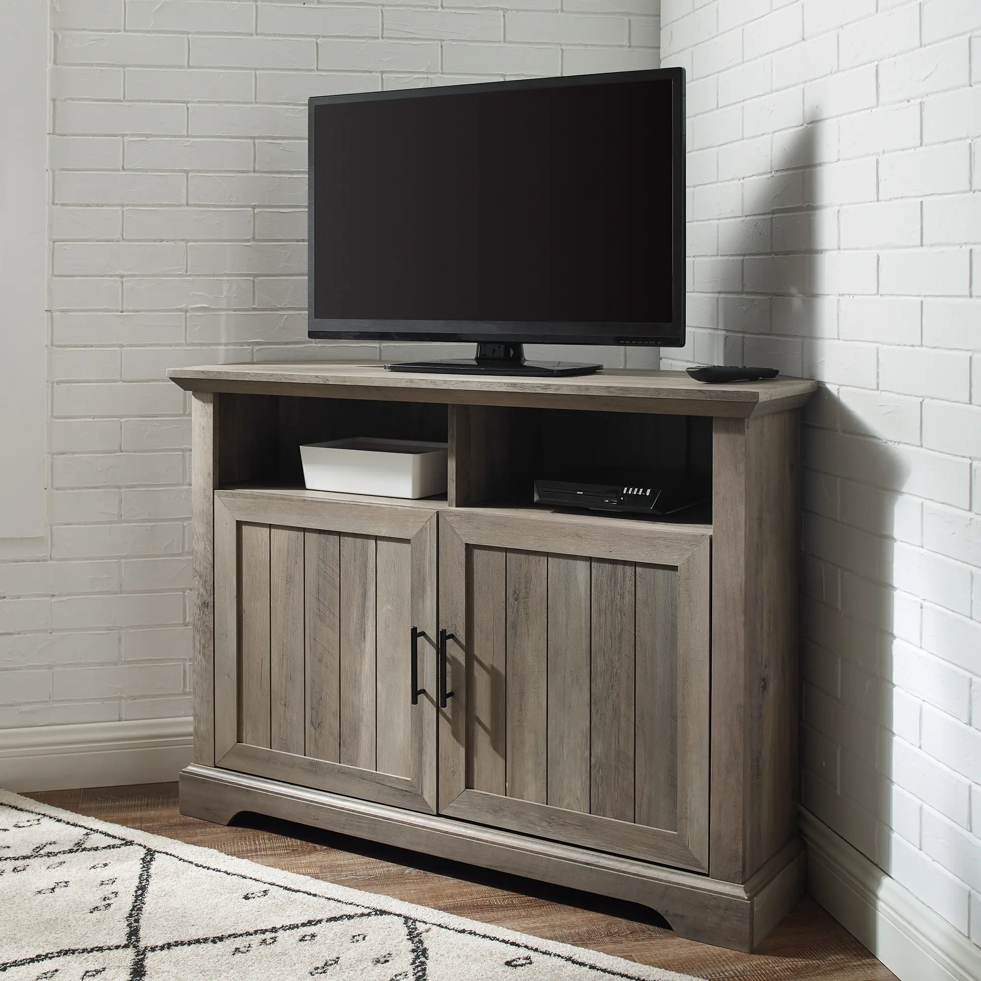 W44CMCR2DGW Gray Stone 44 Grooved Door Corner TV Console - Columbus-1