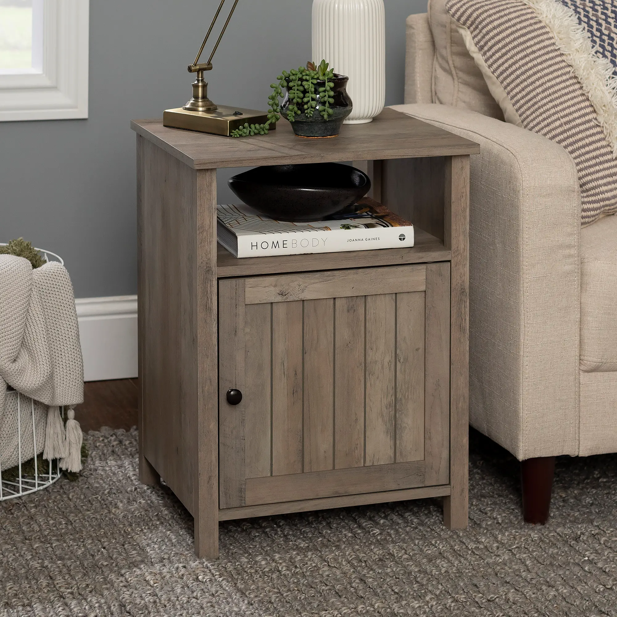 AF18CRASTGW Washed Gray Grooved Door Side Table - Coastal Farmhouse-1
