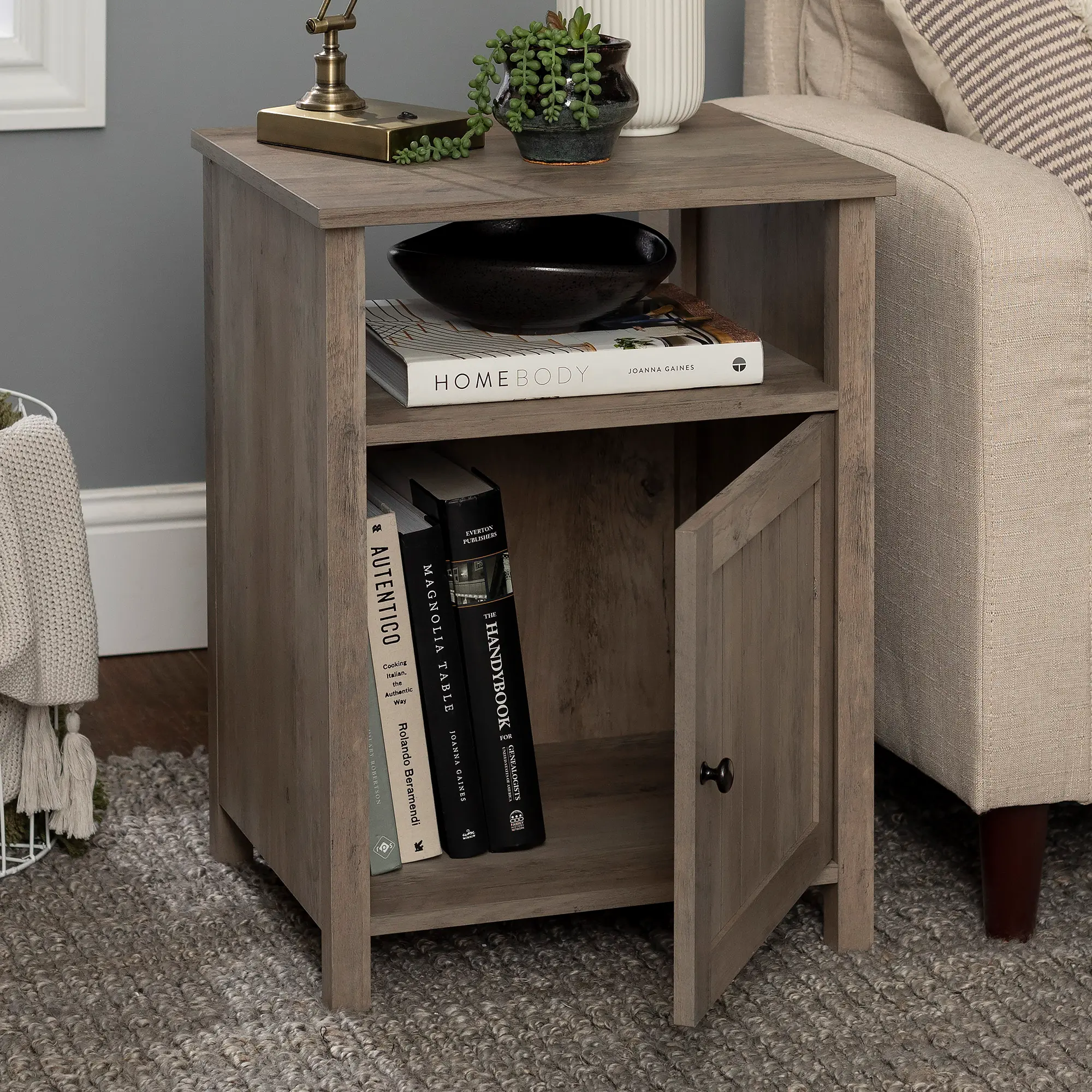AF18CRASTGW Washed Gray Grooved Door Side Table - Coastal Farmhouse-2
