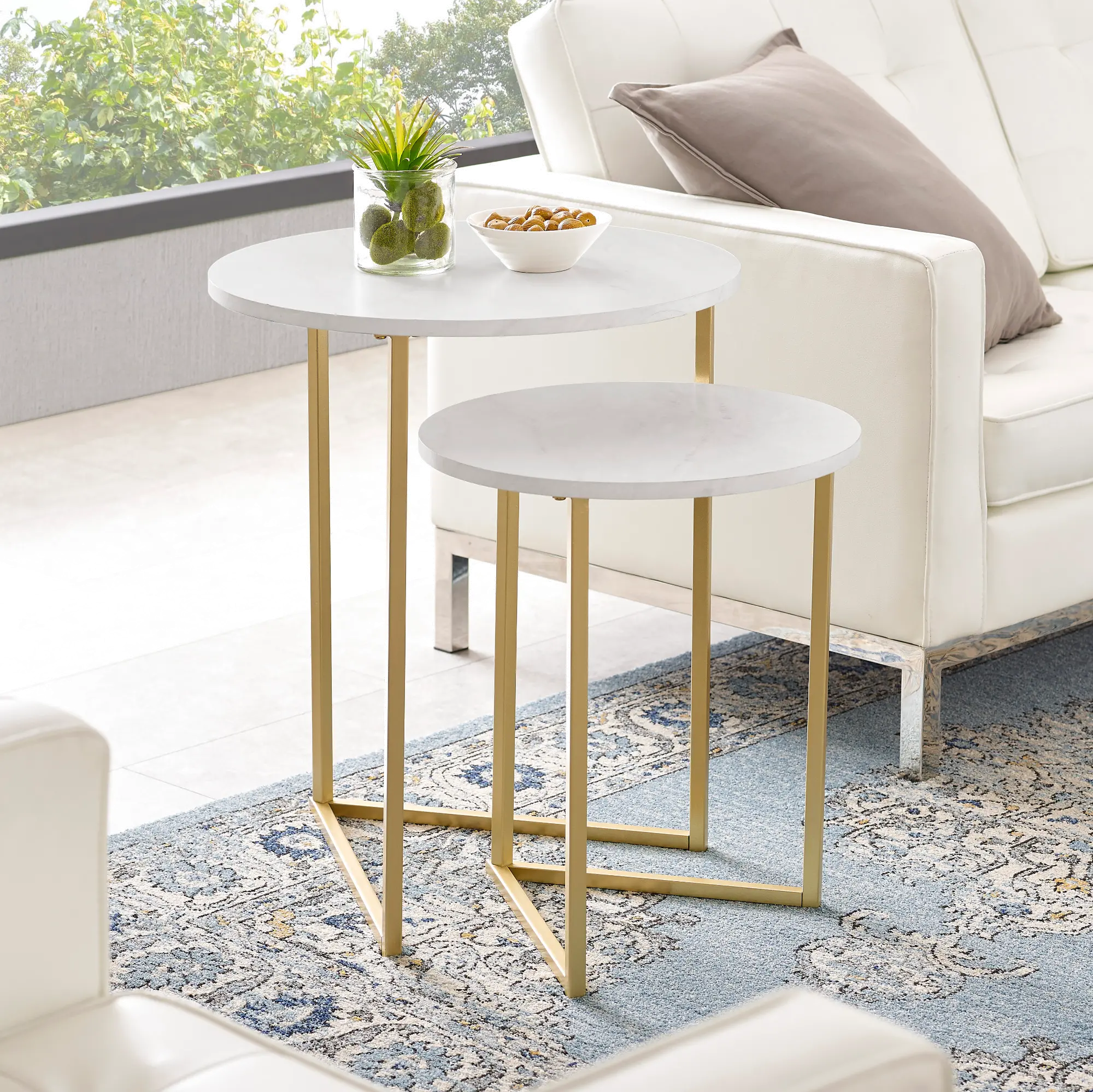 AFVICNSTMW White and Gold 2-Piece V-Leg Nesting Side Tables - Modern Glam-1