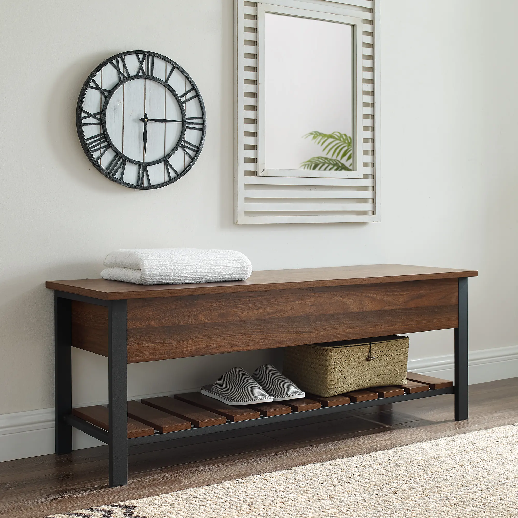B48PCSBDW Open-Top Walnut Storage Bench with Shoe Shelf-1