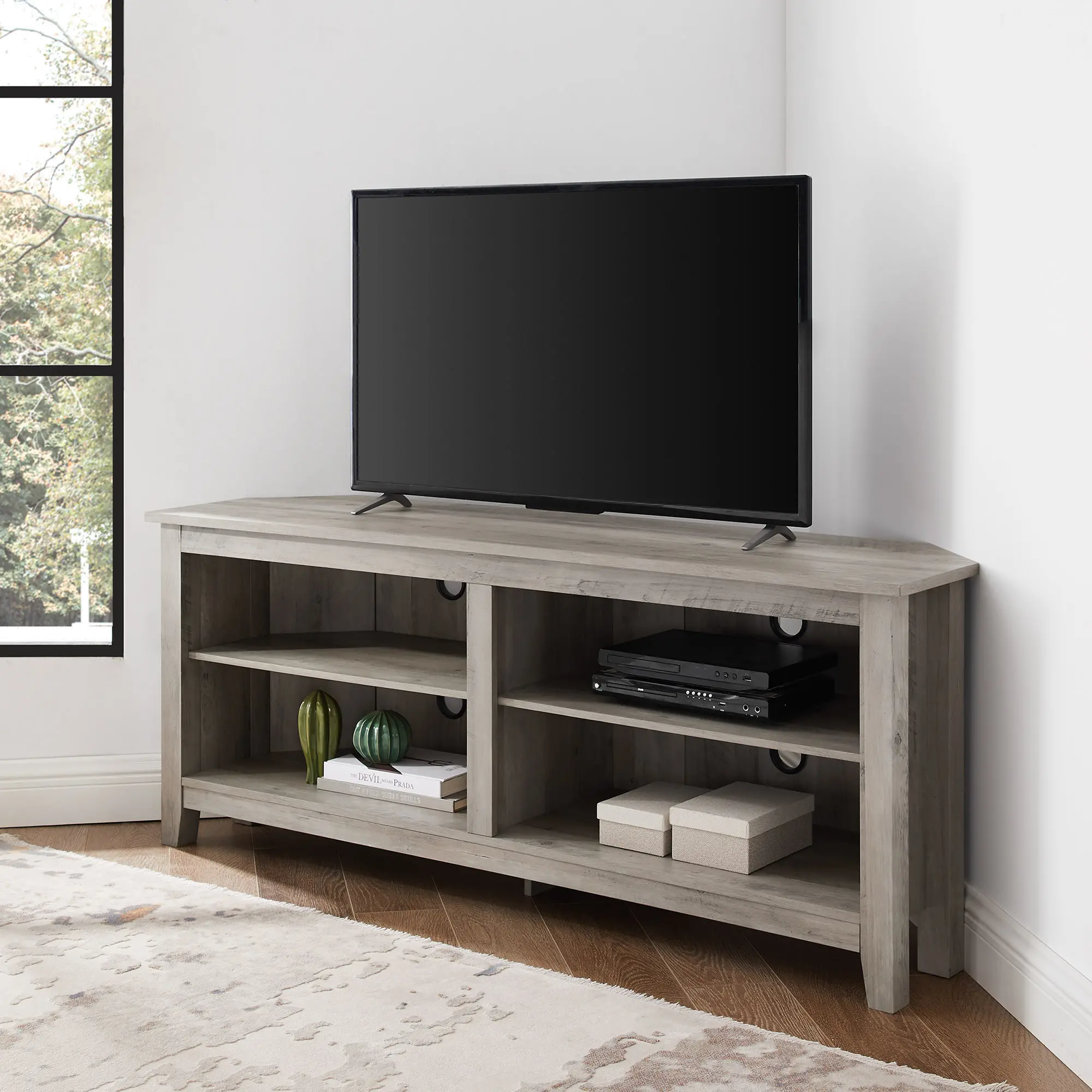W58CCRGW Gray Wash 58 inch Transitional Wood Corner TV Stand - Essential-1