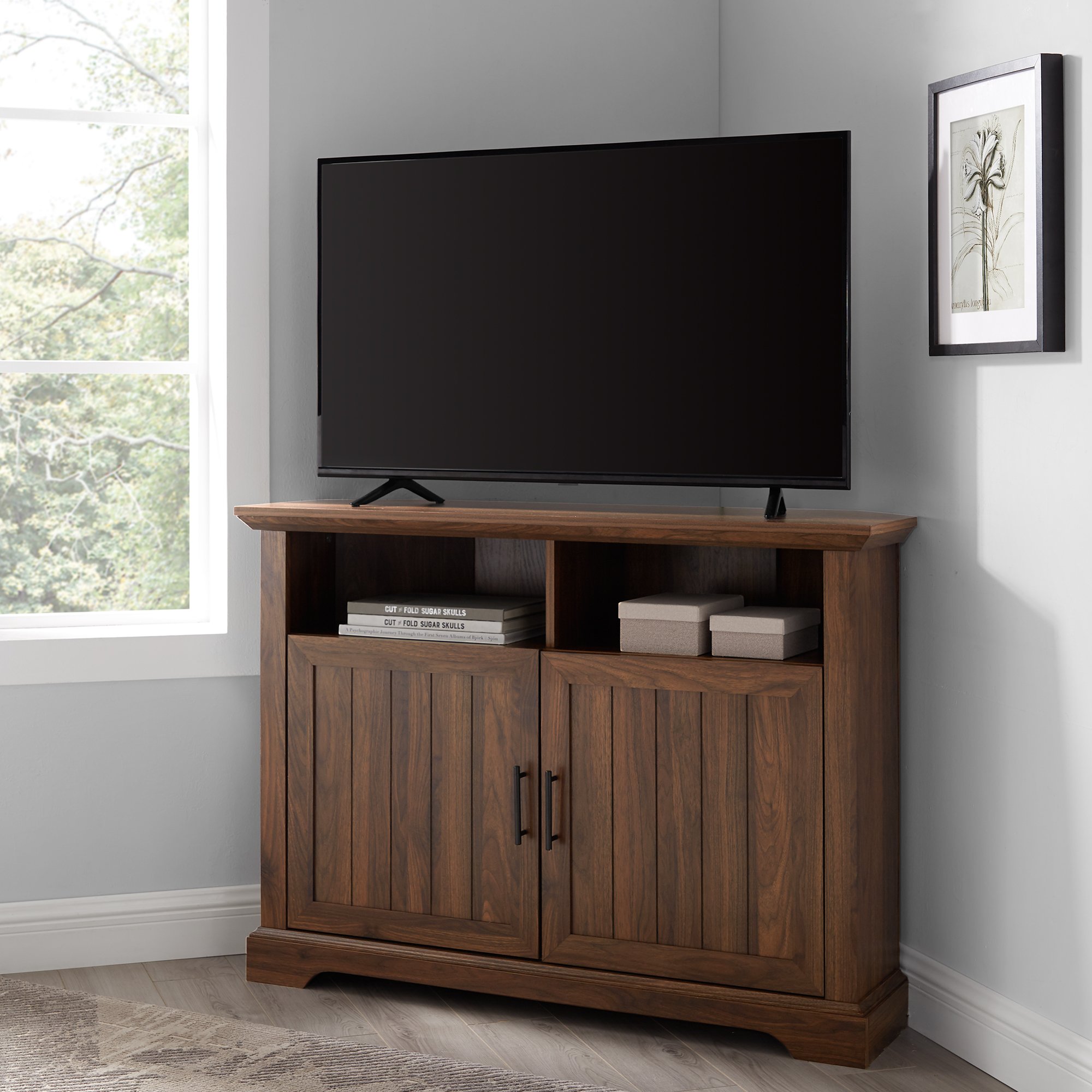 W44CMCR2DDW Dark Walnut 44 Inch Grooved Door Corner TV Stand - Columbus-1