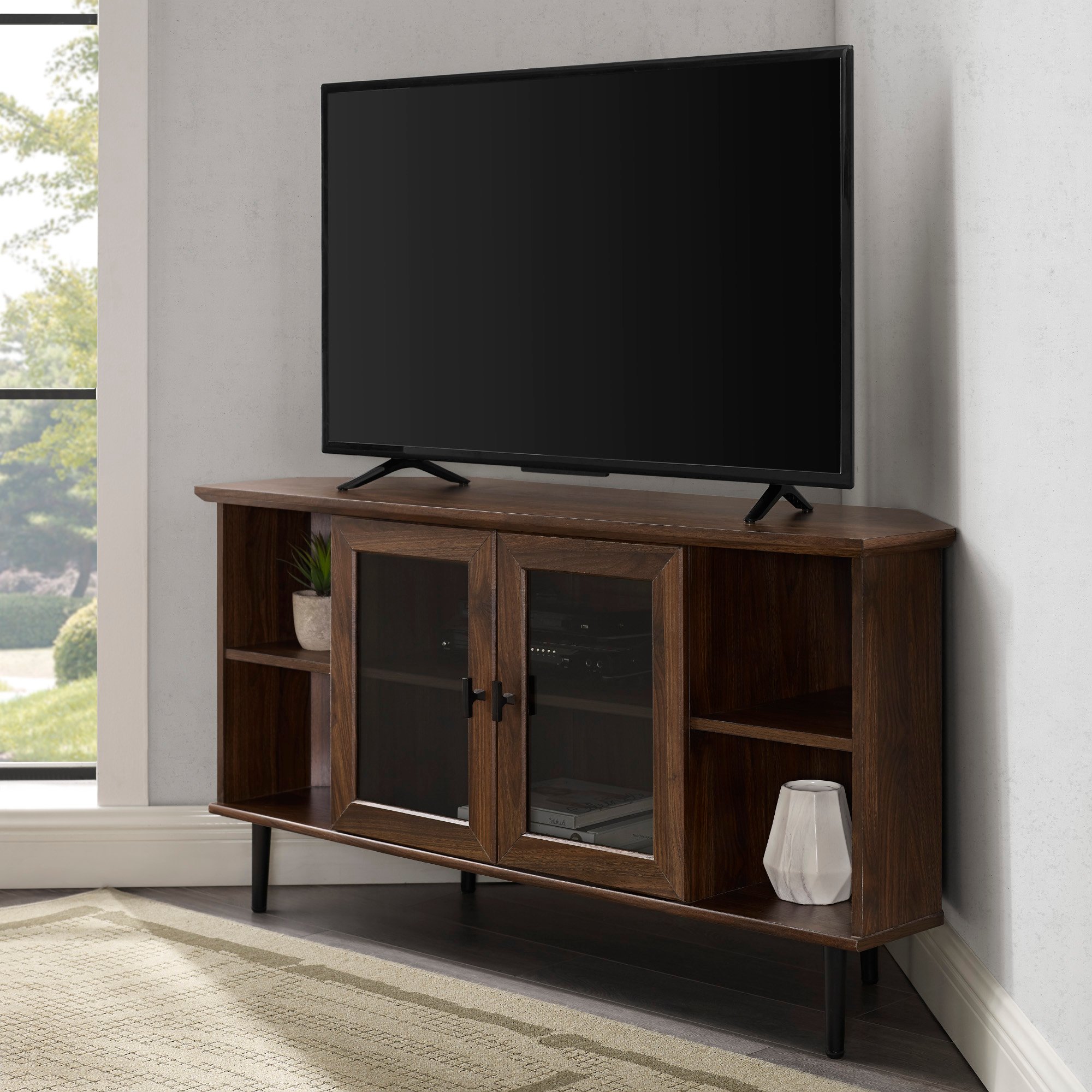 W48CLCR2DDW Dark Walnut 48 Inch Simple Glass Door Corner TV Stand-1