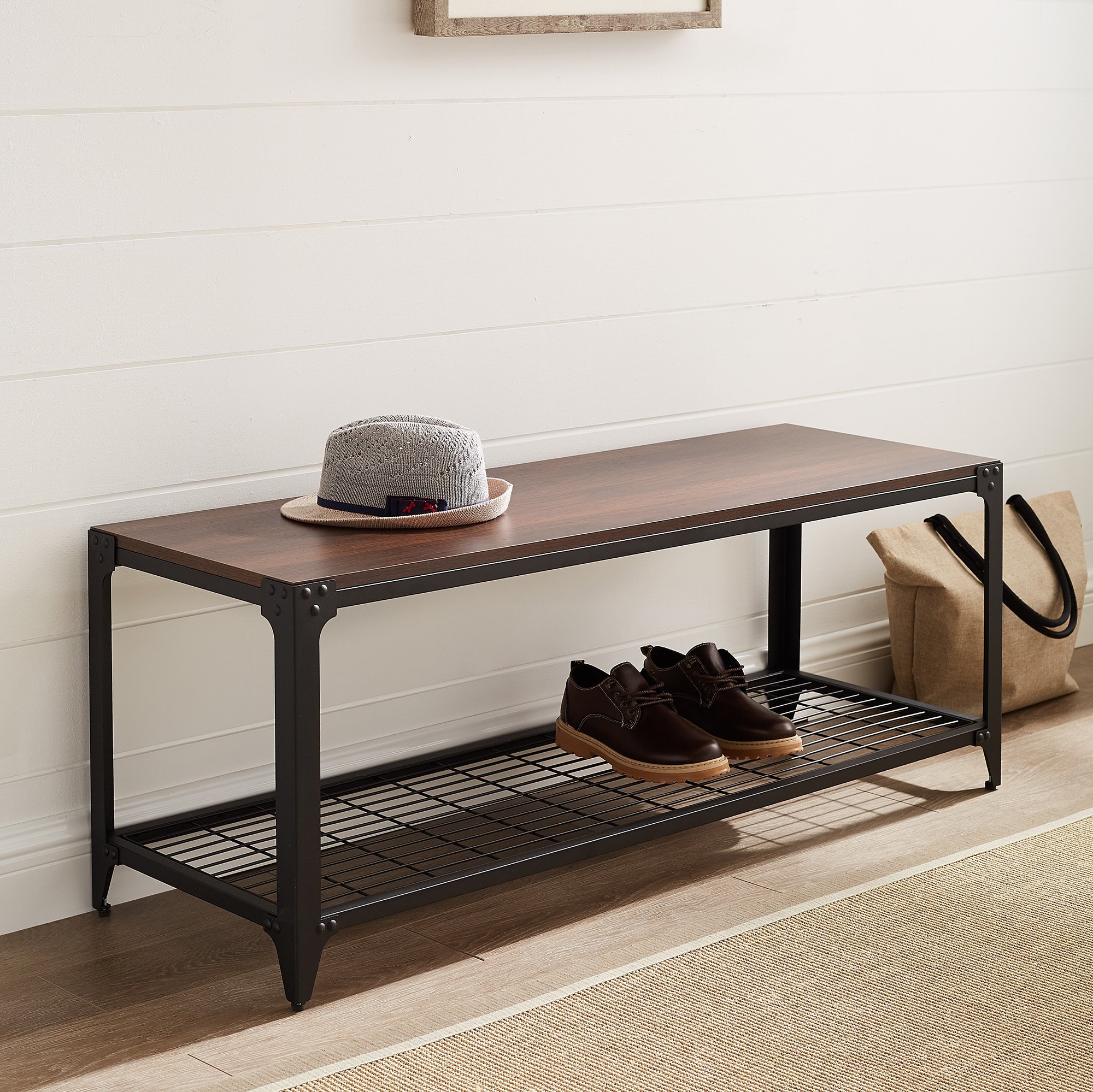 B48AIEBDW Dark Walnut 48 Inch Industrial Angle Iron Entry Bench - Angle Iron-1