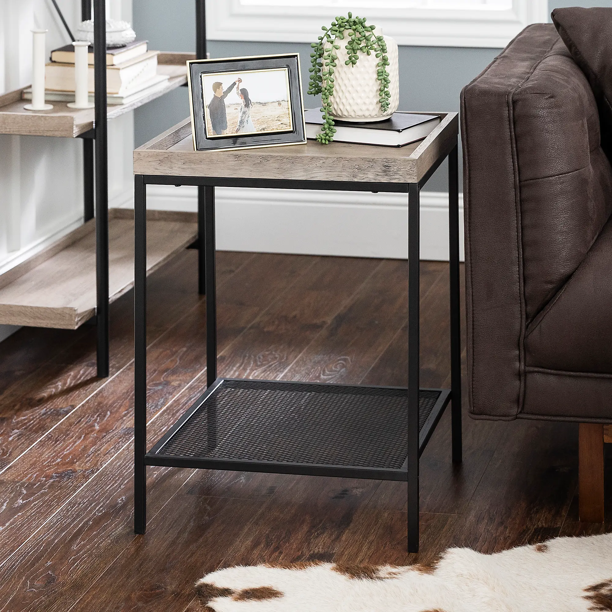 AF18EMISTGW Gray Wash 18 Inch Square Tray Side Table with Mesh Metal Shelf - Emma-1