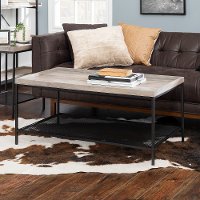 Gray Wash 42 Inch Square Tray Coffee Table with Mesh Metal Shelf - Emma