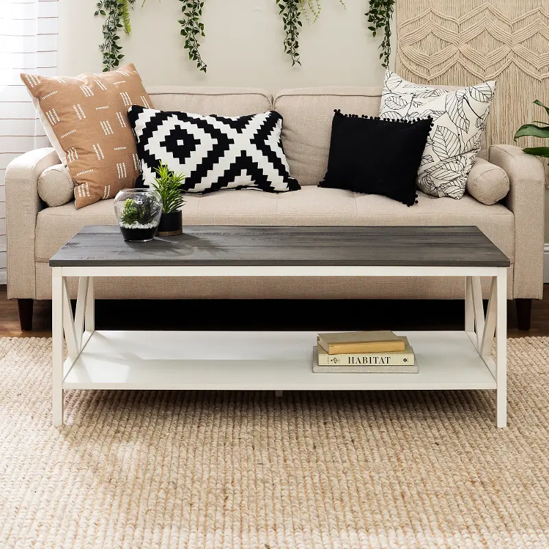 AF48NATCTWWG Natalee White Wash and Gray Distressed Farmhouse Coffee Table - Walker Edison
