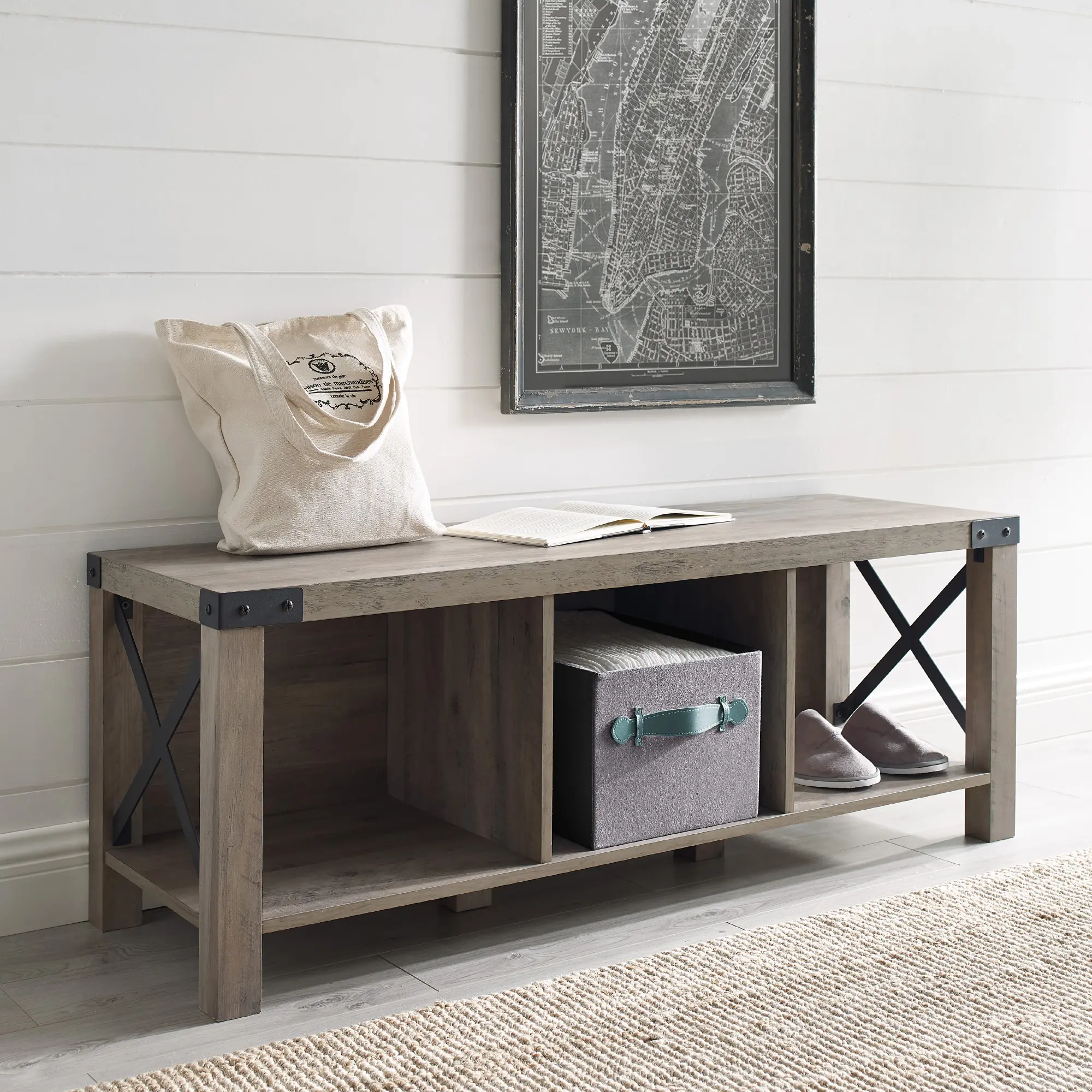 B48MXEBGW Metal X Rustic Gray Wash Entry Bench-1
