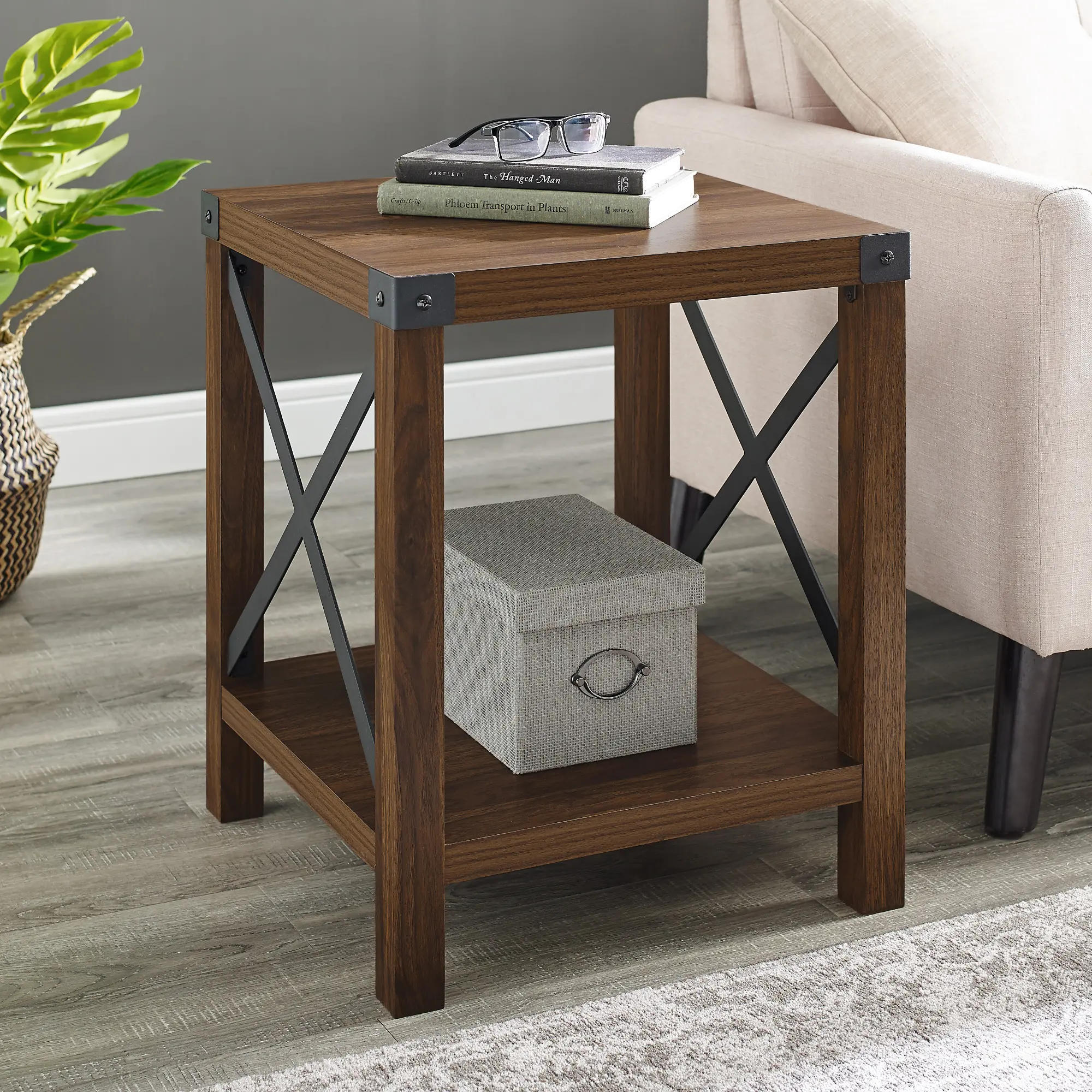 AF18MXSTDW Metal X Dark Walnut Wood Side Table-1