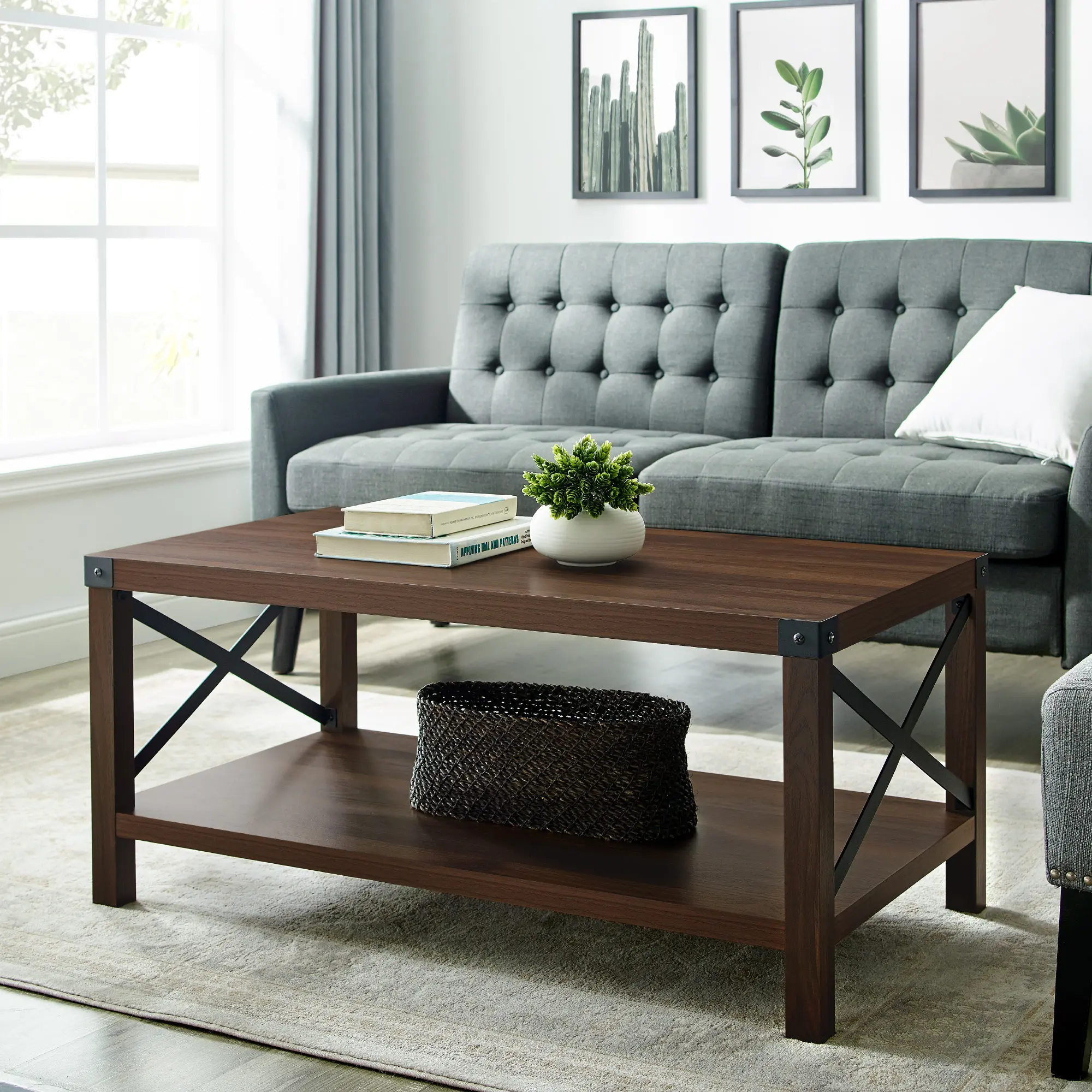 AF40MXCTDW Metal X Rustic Dark Walnut Wood Coffee Table-1