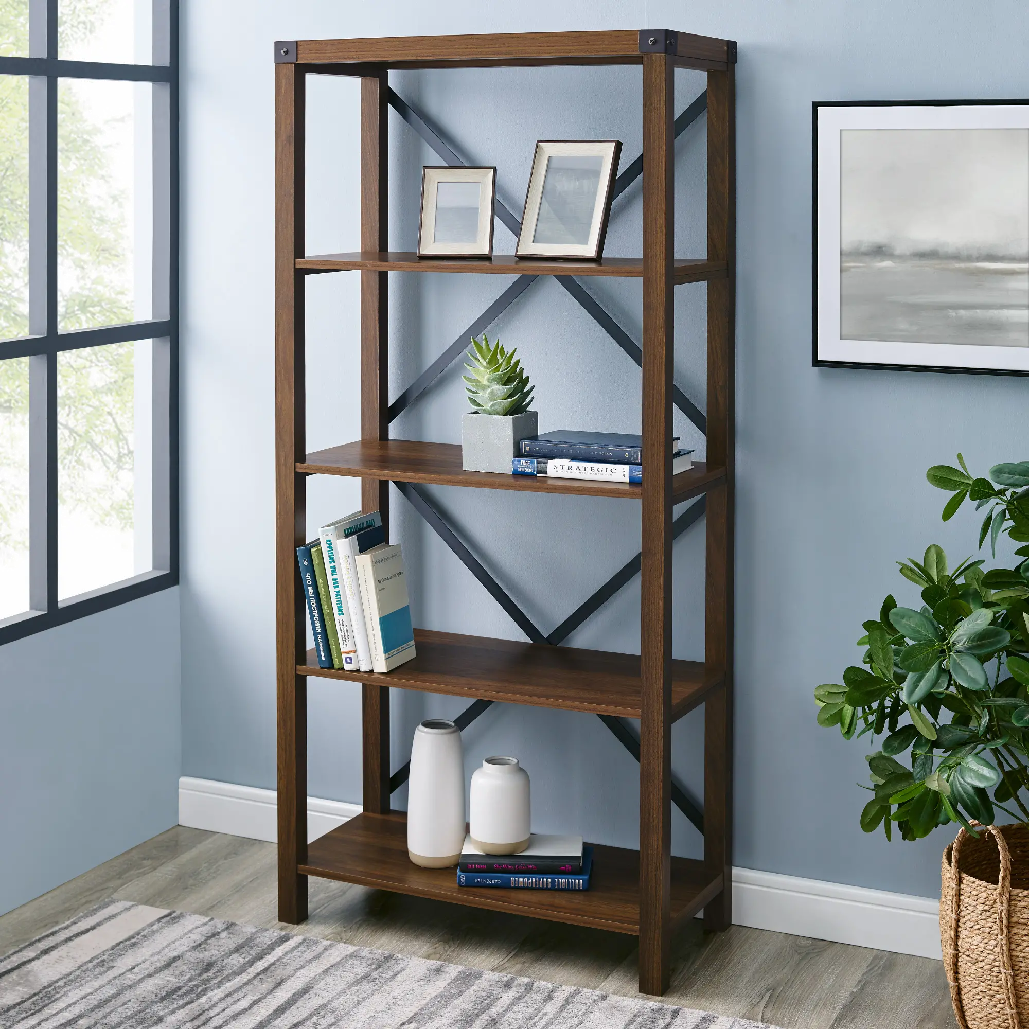 BS64MXDW Metal X Dark Walnut 64 Inch Bookcase-1