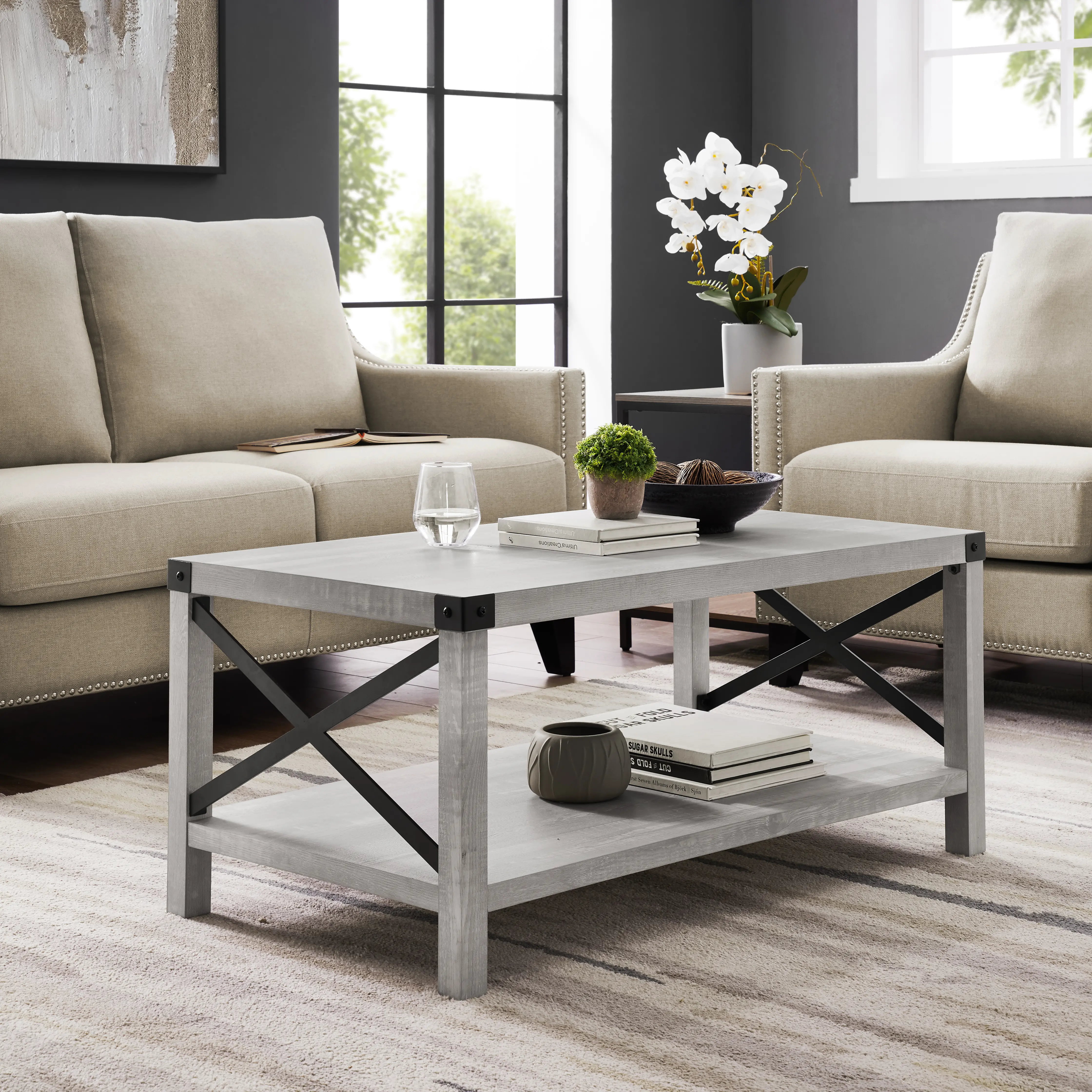 AF40MXCTST Metal X Stone Gray Farmhouse Coffee Table-1