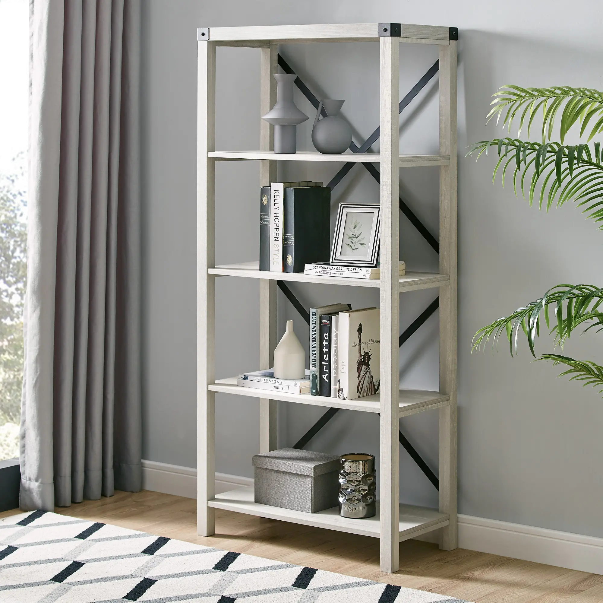 BS64MXST Metal X Stone Gray 64 Farmhouse Bookcase-1