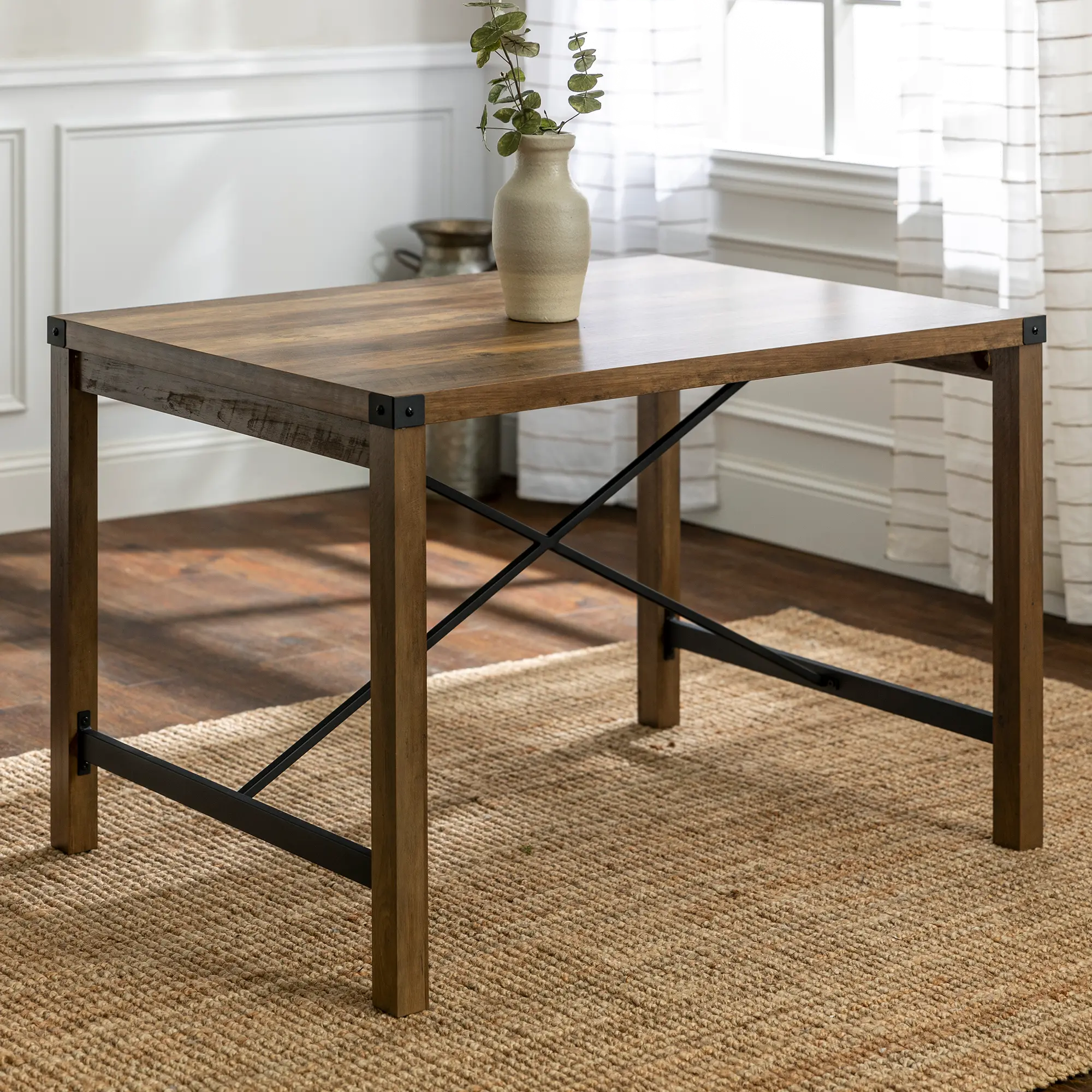 TW48MWRO Metal X Rustic Oak Wood Dining Table-3