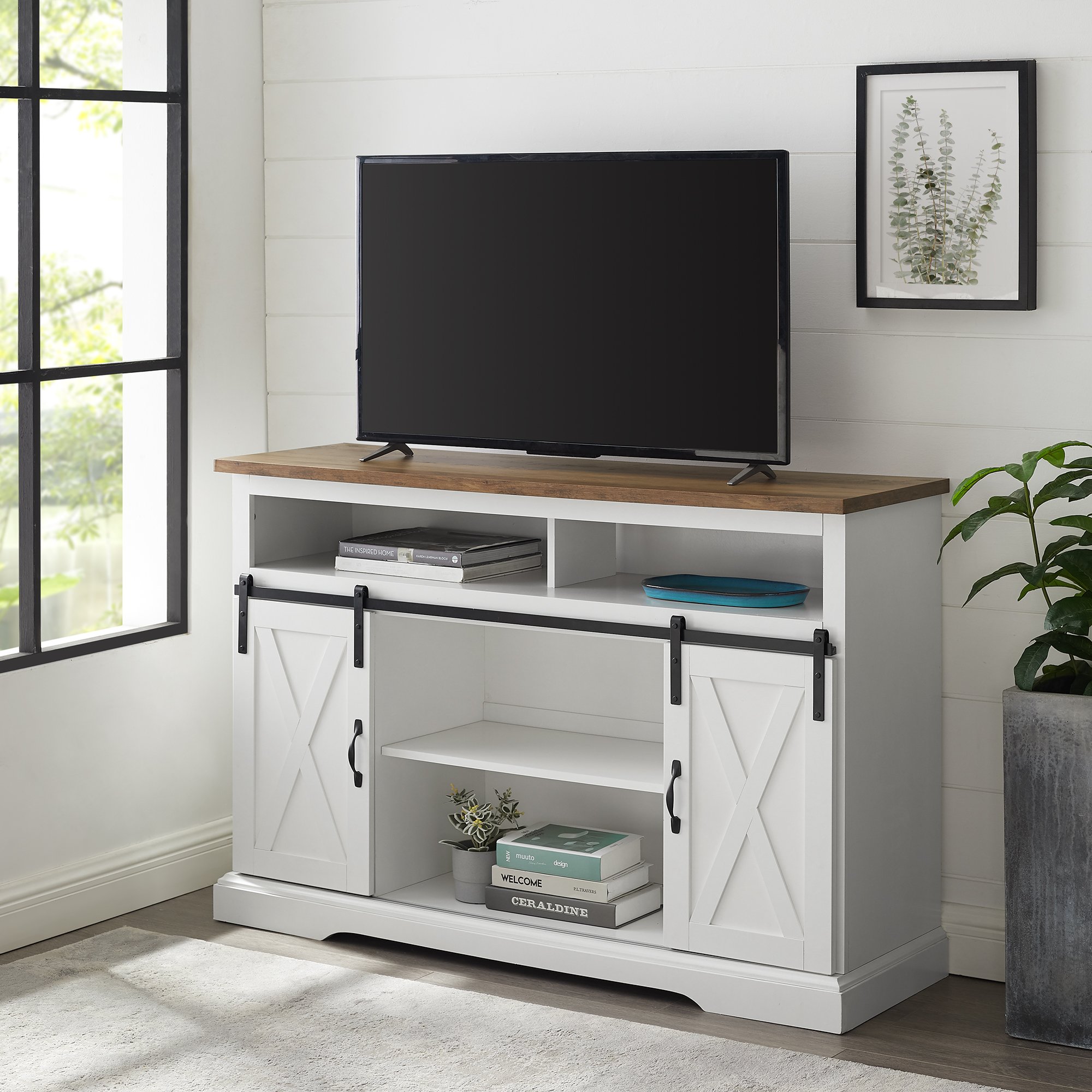 W52HBSBDSW Solid White 52 Inch Sliding Barn Door TV Stand - Barn Door-1