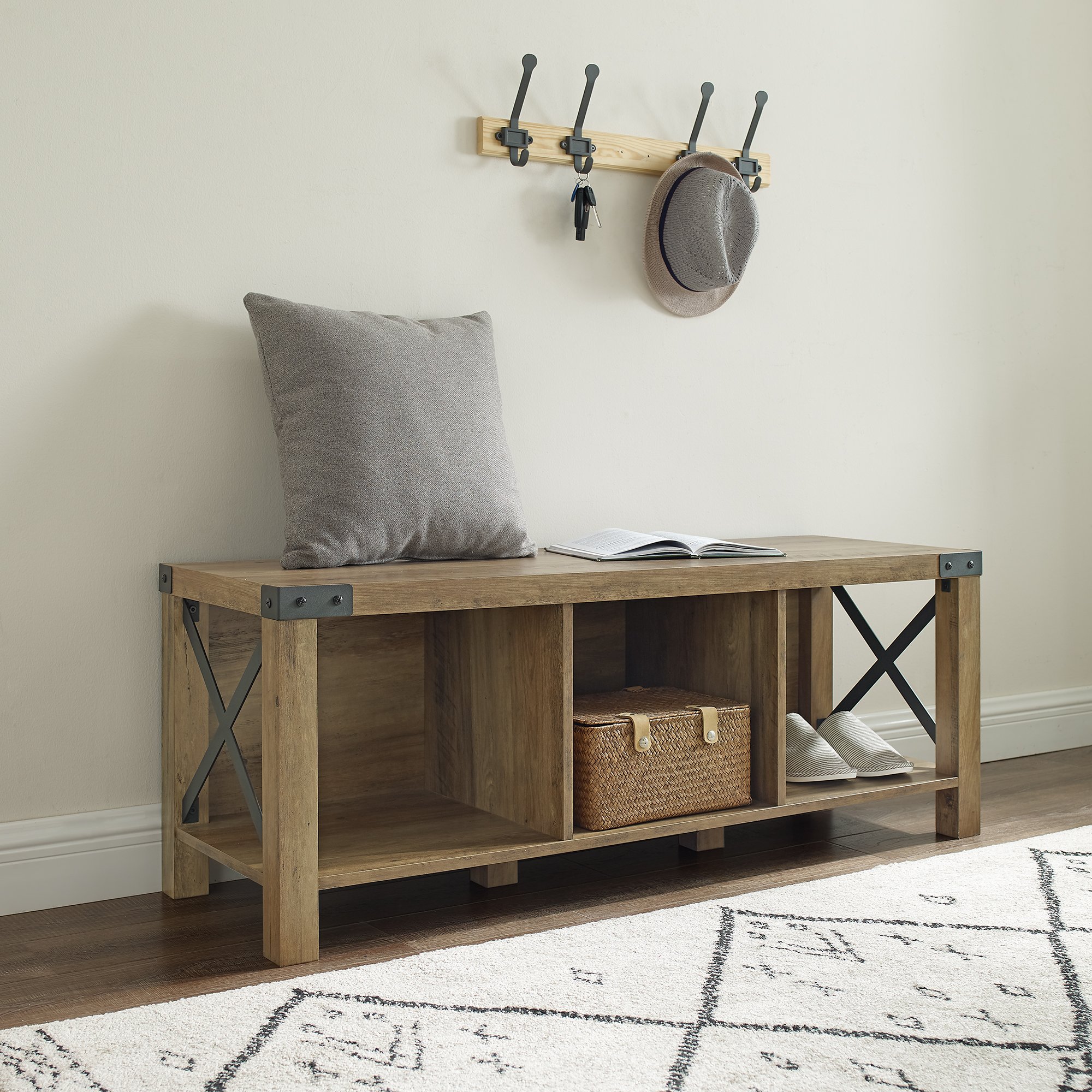 B48MXEBRO Reclaimed Barnwood 48 Inch Entry Bench - Metal X-1