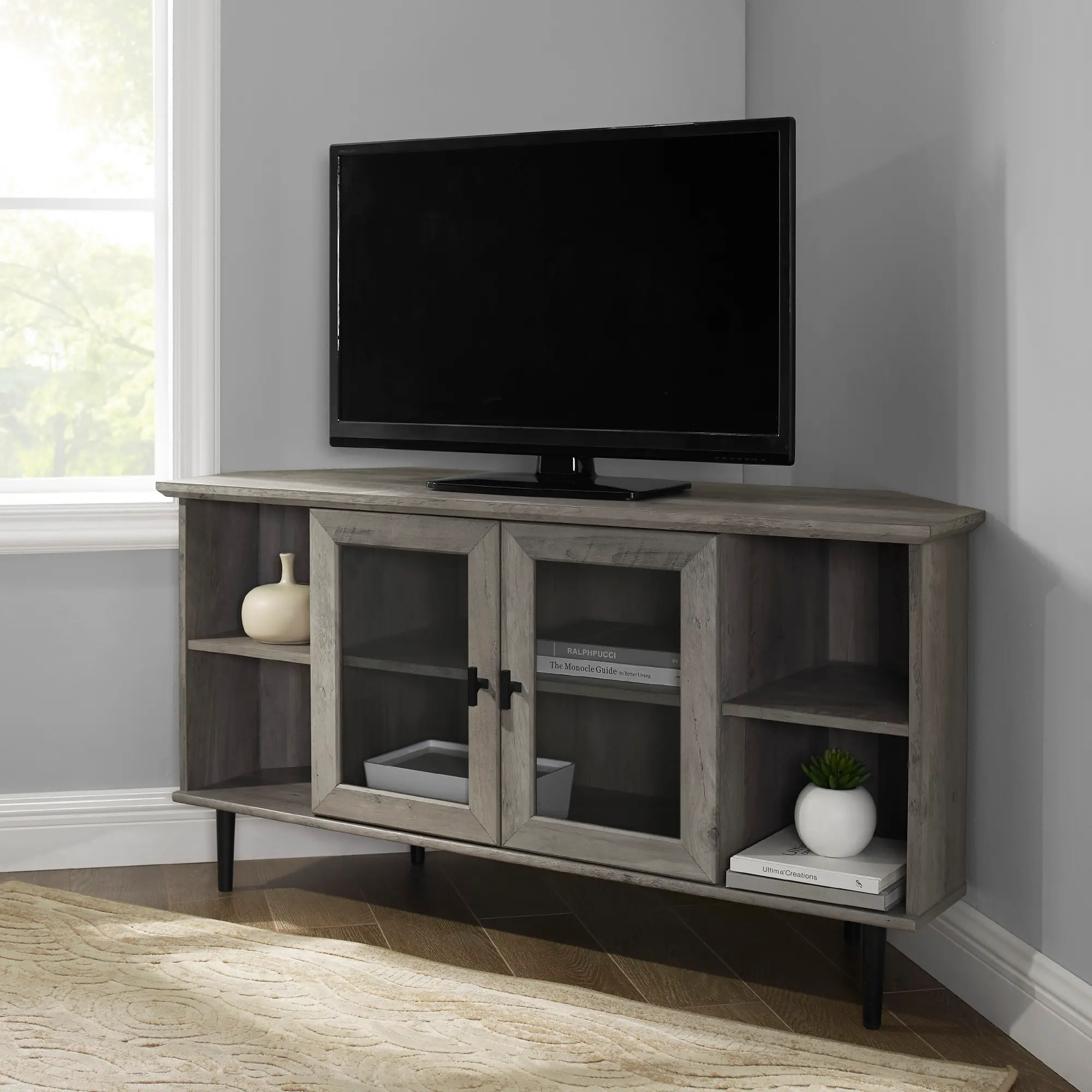 W48CLCR2DGW Gray Wash 48 Inch Simple Glass Door Corner TV Stand-1