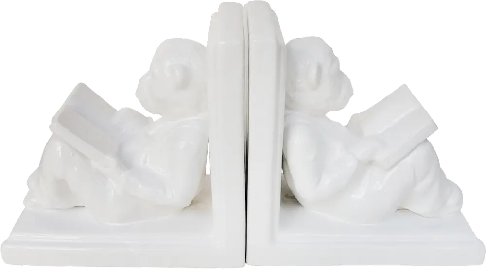 7 Inch White Ceramic Reading Monkey Bookend Pair-1