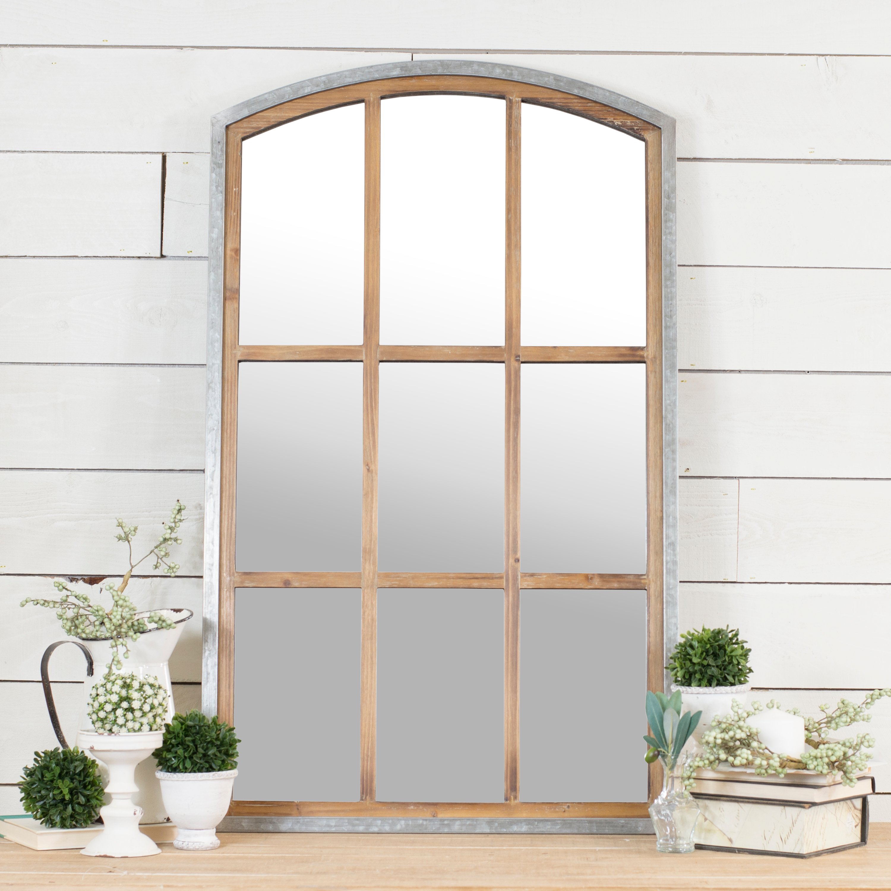 Wood and Metal Window Pane Mirror with Arched Top-1