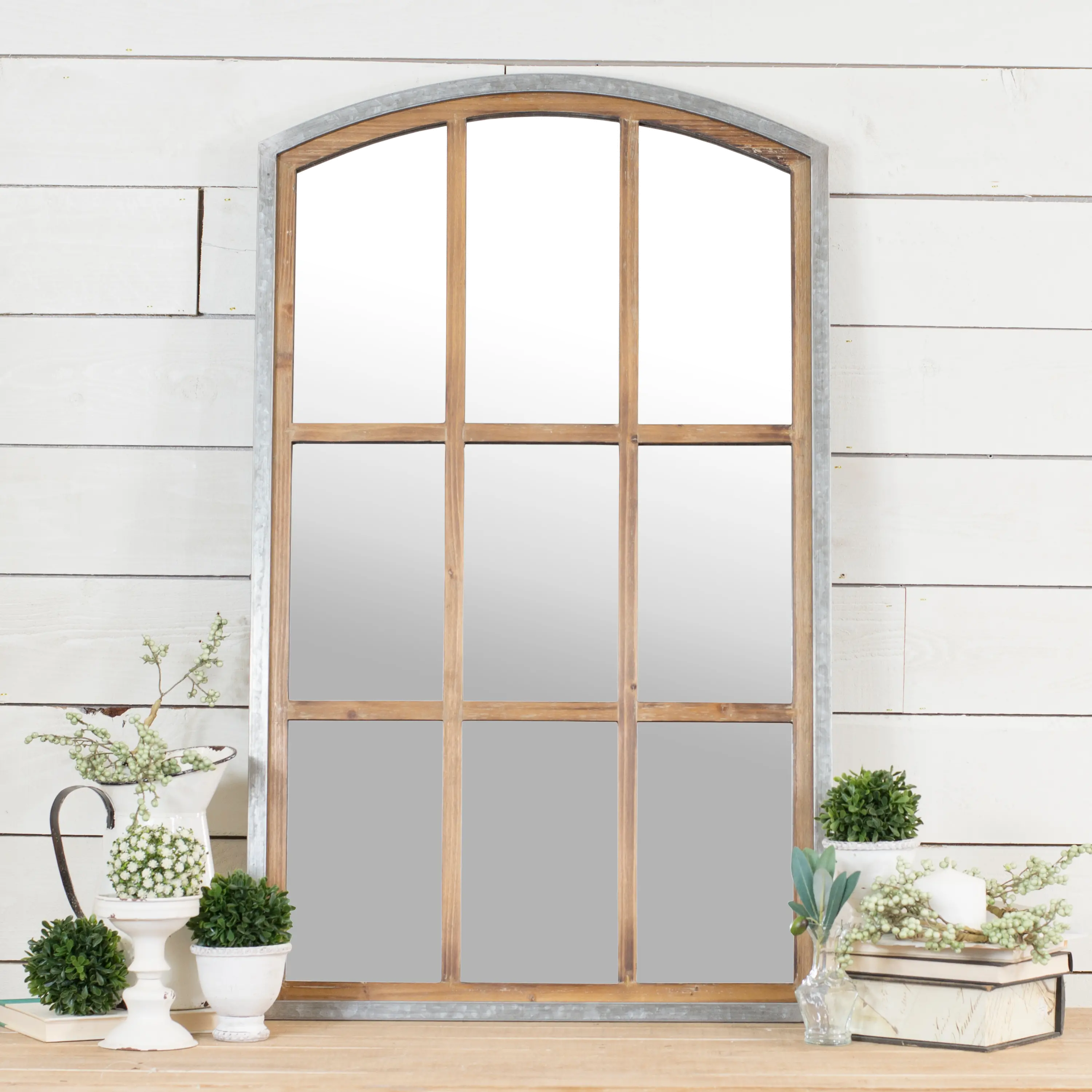 Wood and Metal Window Pane Mirror with Arched Top-1